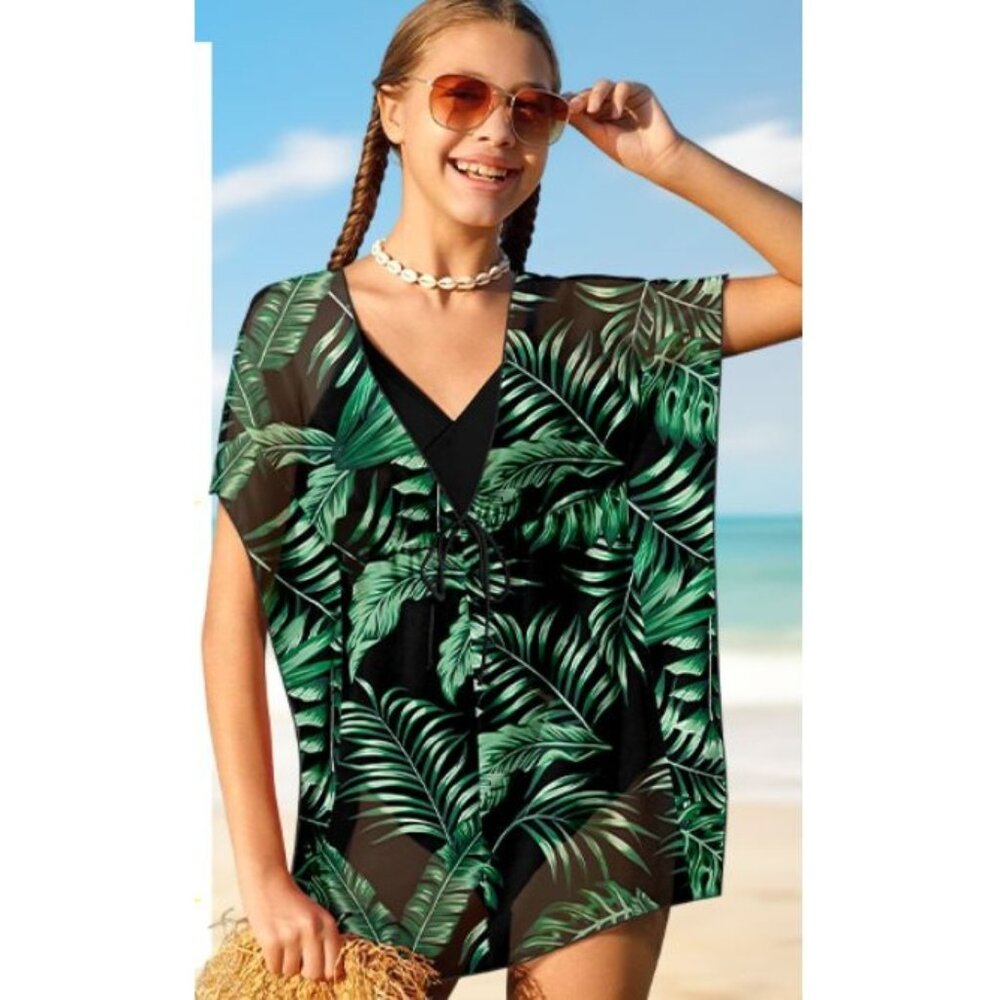 Tropical Palm Leaf Print Sheer Swim Cover-Up Tunic For Girls 13-14Y (1383)